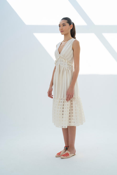 V NECK MIDI DRESS CREAM - Barrus London